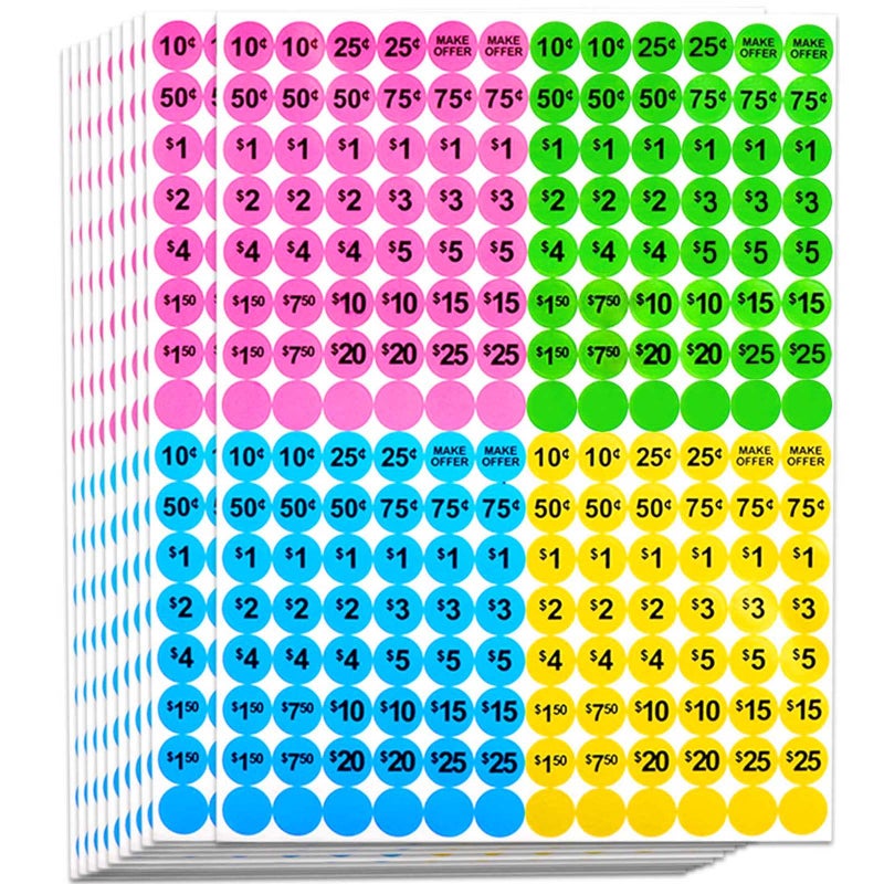 Dreecy Yard Sale Price Stickers Garage Sale Pre-Priced Price Tag Labels  1920 PCS 3/4"" Diameter Flea Market Pre-Printed Pricing Stickers for Retail Bright Neon Colors (Pink Green Blue Yellow) - Image 1